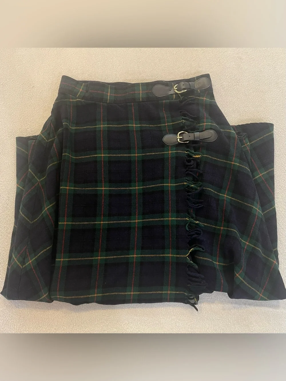 Vintage Y2K LizSport Wool Tartan Wrap Skirt Size 10 Green Plaid Fringe Buckle - Picture 4 of 12